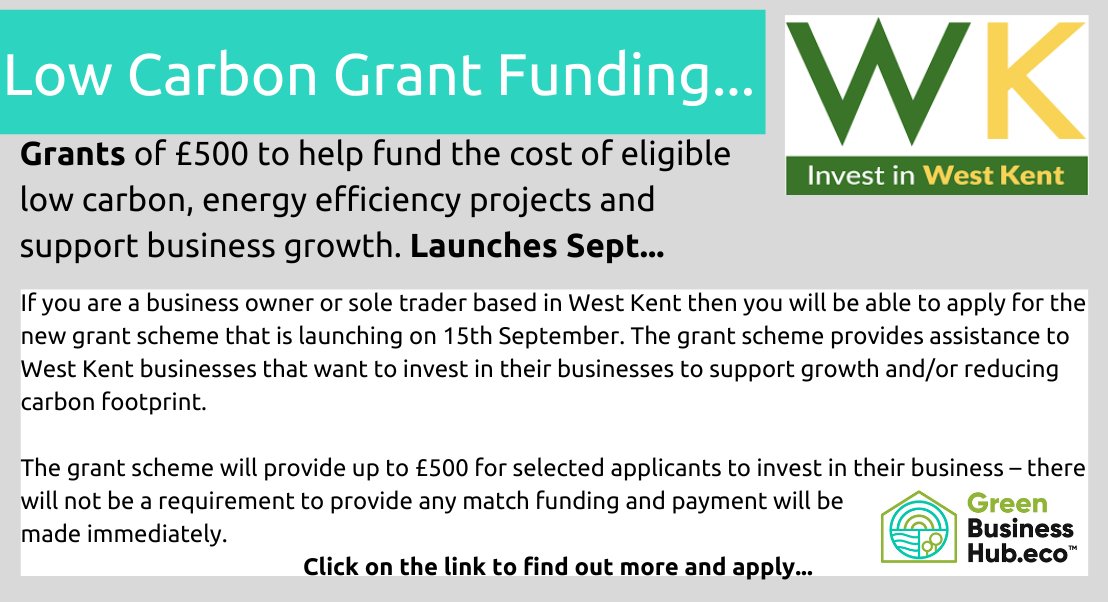 Calling all West #Kent Businesses! £500 Low Carbon & Business Growth Grant Scheme launching September with Invest in West Kent @WKentBusiness; ow.ly/hsiN50PAlrQ