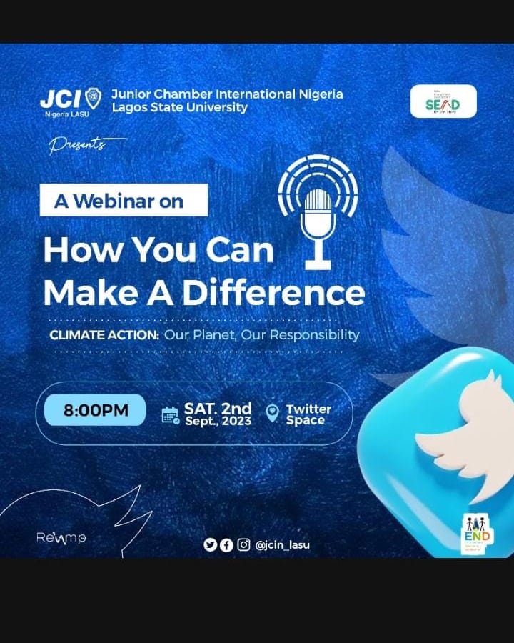 "Climate change is one of the most pressing issues of our time, and it requires a coordinated global response ✨✨ .
Join us for a webinar on climate action, where we'll discuss the latest science, policy, and technology💥💥.

 #JCI 
#JCI LASU 
#END 
#SEnd 
#Revamp