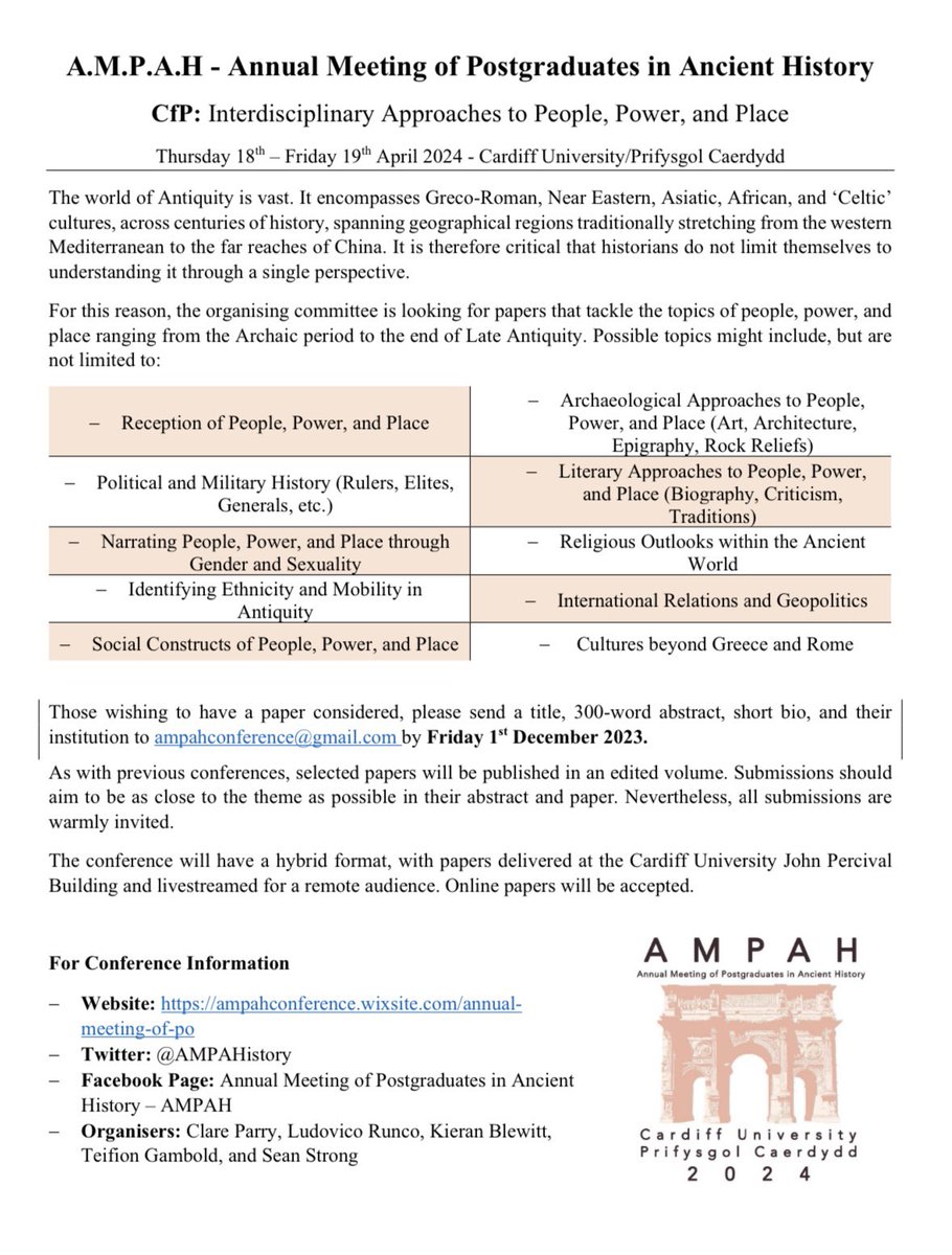 AMPAHistory's tweet photo. 🚨AMPAH 2024 #CfP🚨

We are delighted to announce that the AMPAH 2024 CfP is live! Theme: ‘Interdisciplinary Approaches to People, Power, and Place! See details below for abstract submission 👇🏻
#AncientHistory #ClassicsTwitter #Greece #Rome #Persia #Africa #Eurasia @CUHistArchRel https://t.co/c2ekr93Fb3