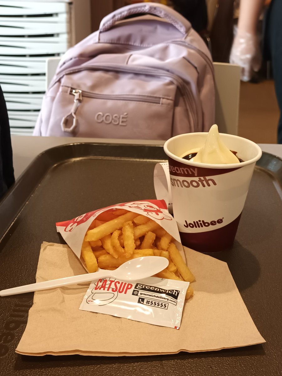 [09-01-23] #ricearchives 
~ first week of school done ‼️ had to reward myself with jollibee earlier hehe, some good sundae and fries combo is literally 😋 with my bag sitting in front of me lol
~ answered and checked our diagnostic tests today, had groupings and some tasks (1/2)