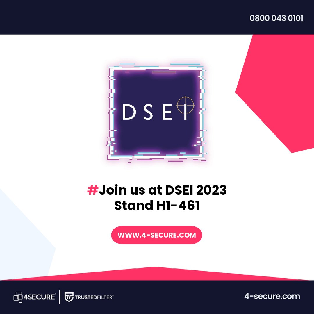 4Secure is excited to announce our return to <a href="/DSEI_event/">DSEI 2023</a> 2023. We'll be joining with defence and security experts for 4 days of exhibitions and talks.

Join us on stand H1-461 to find out more:

4-secure.com/4secure-announ…

#DSEI23 #Defence #DefenceIndustry #Military
