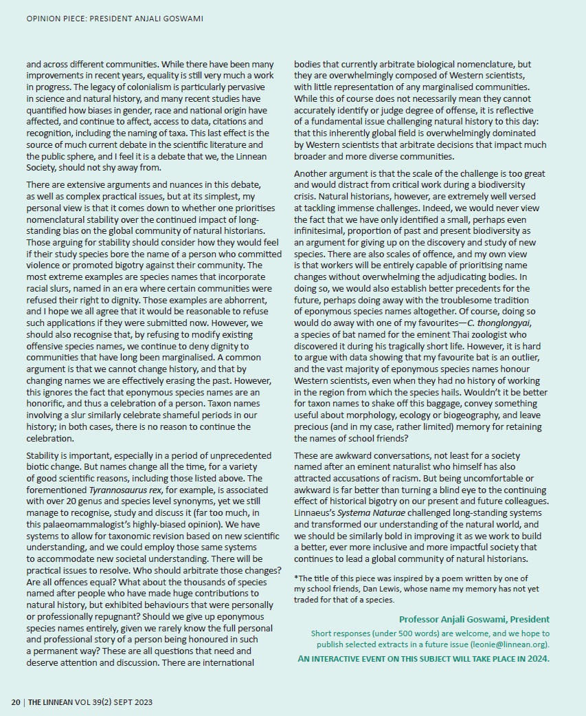 anjgoswami's tweet photo. What do we do about offensive taxonomic names? Regulating bodies must engage with this debate, as argued in three articles in the latest @ZoolJLinnSoc https://t.co/z2ZITGZJLH. Read my personal &amp; somewhat ironic perspective for the President @LinneanSociety, in the recent #Linnean https://t.co/AsHFwmomp4
