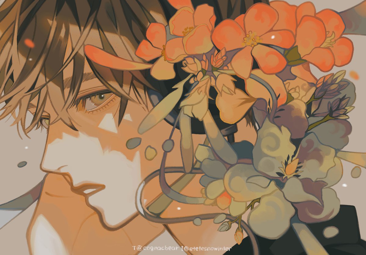 flower 1boy male focus solo brown hair short hair looking at viewer  illustration images