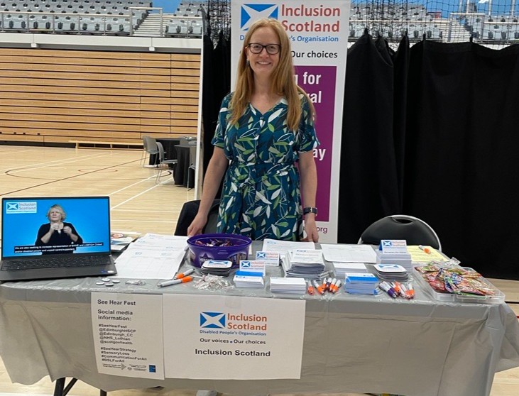 <a href="/InclusionScot/">Inclusion Scotland</a> are at <a href="/EdinburghHSCP/">The Edinburgh Health and Social Care Partnership</a>'s #SeeHearFest with a stall full of goodies and an offer to #GetInvolved and/or become a member. Here is Lisa at our stall, please come and say hi if you are there #SensoryLoss #SeeHearStrategy <a href="/Edinburgh_CC/">The City of Edinburgh Council</a> <a href="/NHS_Lothian/">NHS Lothian</a> <a href="/scotgovhealth/">Scot Gov Health</a>