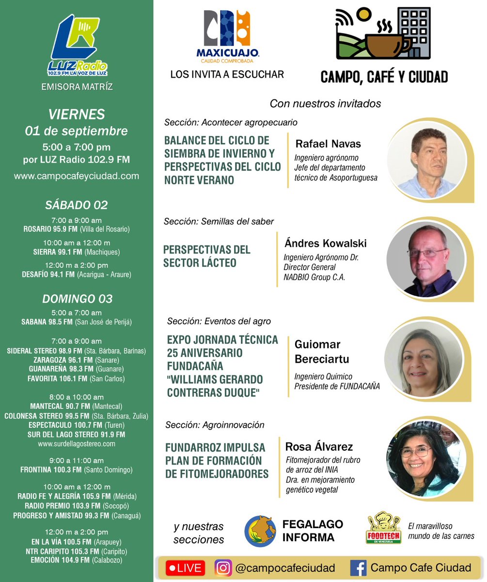 campocafeciudad's tweet photo. Los invitamos a acompañarnos hoy #Viernes #01Sep de 5:00 a 7:00 pm en una nueva edición de Campo, Café y Ciudad.

Escúchanos en vivo por LUZ RADIO 102.9 FM en Maracaibo, por Instagram Live @campocafeciudad y  Facebook Live página Campo Café Ciudad

#Venezuela #CampoCafeCiudad https://t.co/5KZMTCC64N