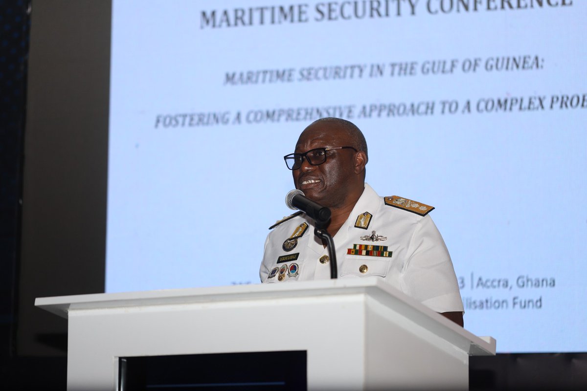 KaiptcGh's tweet photo. "The interconnectedness of global trade underscores the need for comprehensive solutions. Let's collaborate to ensure a secure maritime domain for all," said Rear Admiral Yakubu, Chief Naval Staff, while highlighting the complex nature of maritime security in the Gulf of Guinea https://t.co/tWHWUuwhG4