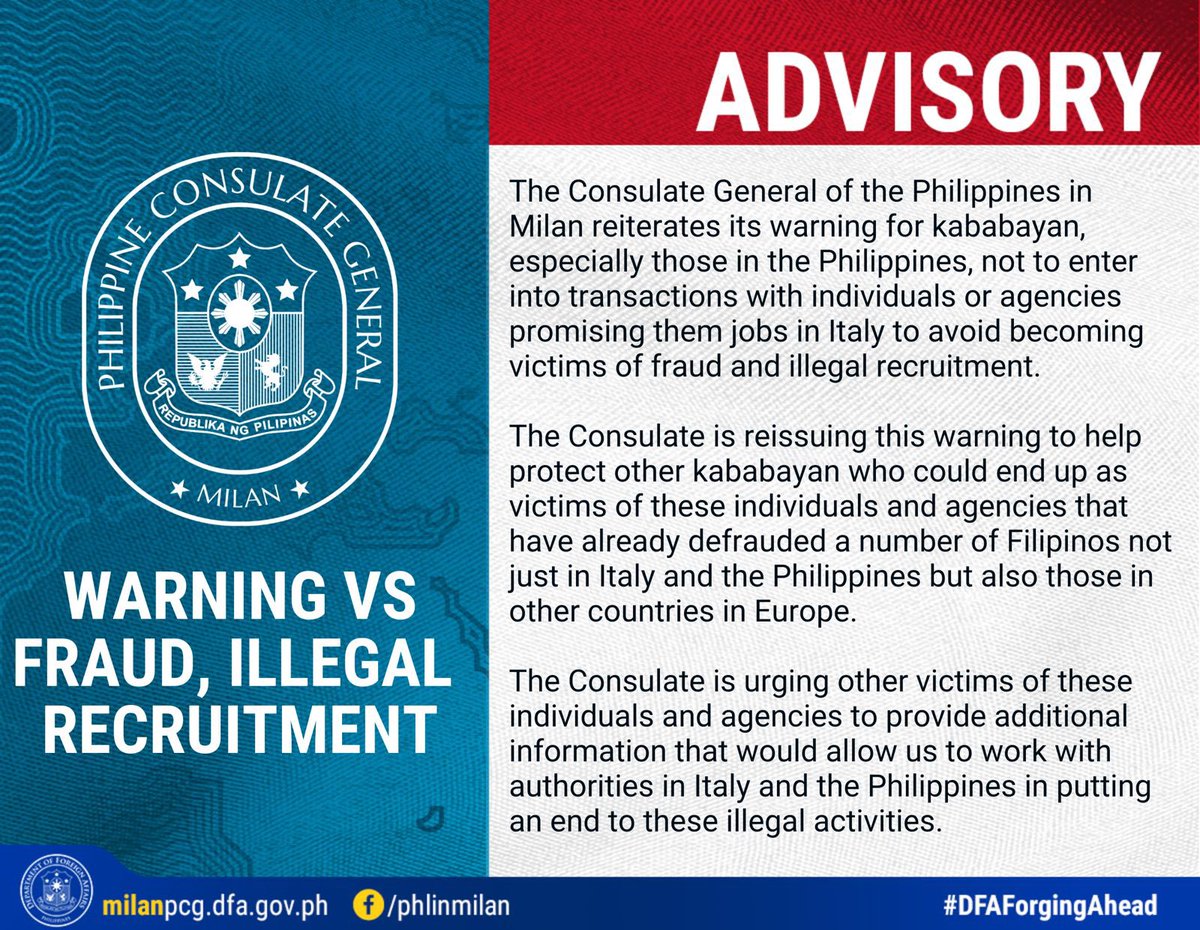 Elmer G Cato (@elmer_cato) on Twitter photo Inuulit po ng <a href="/PHLinMilan/">Philippine Consulate General in Milan</a> ang babala para sa ating mga kababayan, lalo na po ang mga nasa Pilipinas, na huwag makipagtransaksyon sa mga indibidwal o ahensya na nangangako sa kanila ng trabaho dito sa Italy upang maiwasang maging biktima sila ng pandaraya at illegal recruitment. Inuulit po ng <a href="/PHLinMilan/">Philippine Consulate General in Milan</a> ang babala para sa ating mga kababayan, lalo na po ang mga nasa Pilipinas, na huwag makipagtransaksyon sa mga indibidwal o ahensya na nangangako sa kanila ng trabaho dito sa Italy upang maiwasang maging biktima sila ng pandaraya at illegal recruitment.