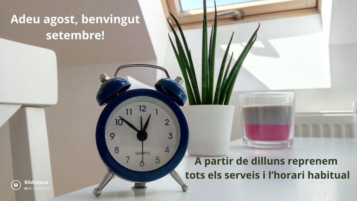 uvic_biblioteca's tweet photo. 👋Adeu agost, benvingut setembre! 😃A partir de dilluns reprenen tots els serveis al 100% i l'horari habitual. Us esperem! 🤗🔝

⏰Horaris curs 23/24 ➡️https://t.co/x7B7mduZTi https://t.co/wfl1PRUS0k