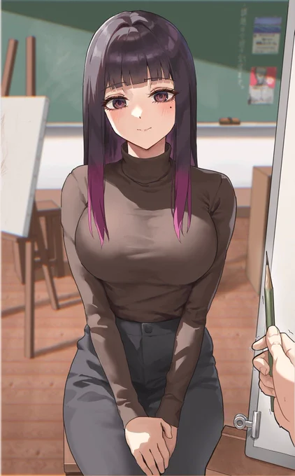 人物画の練習がしたいと言ったら快くモデルになってくれる美術の先生 