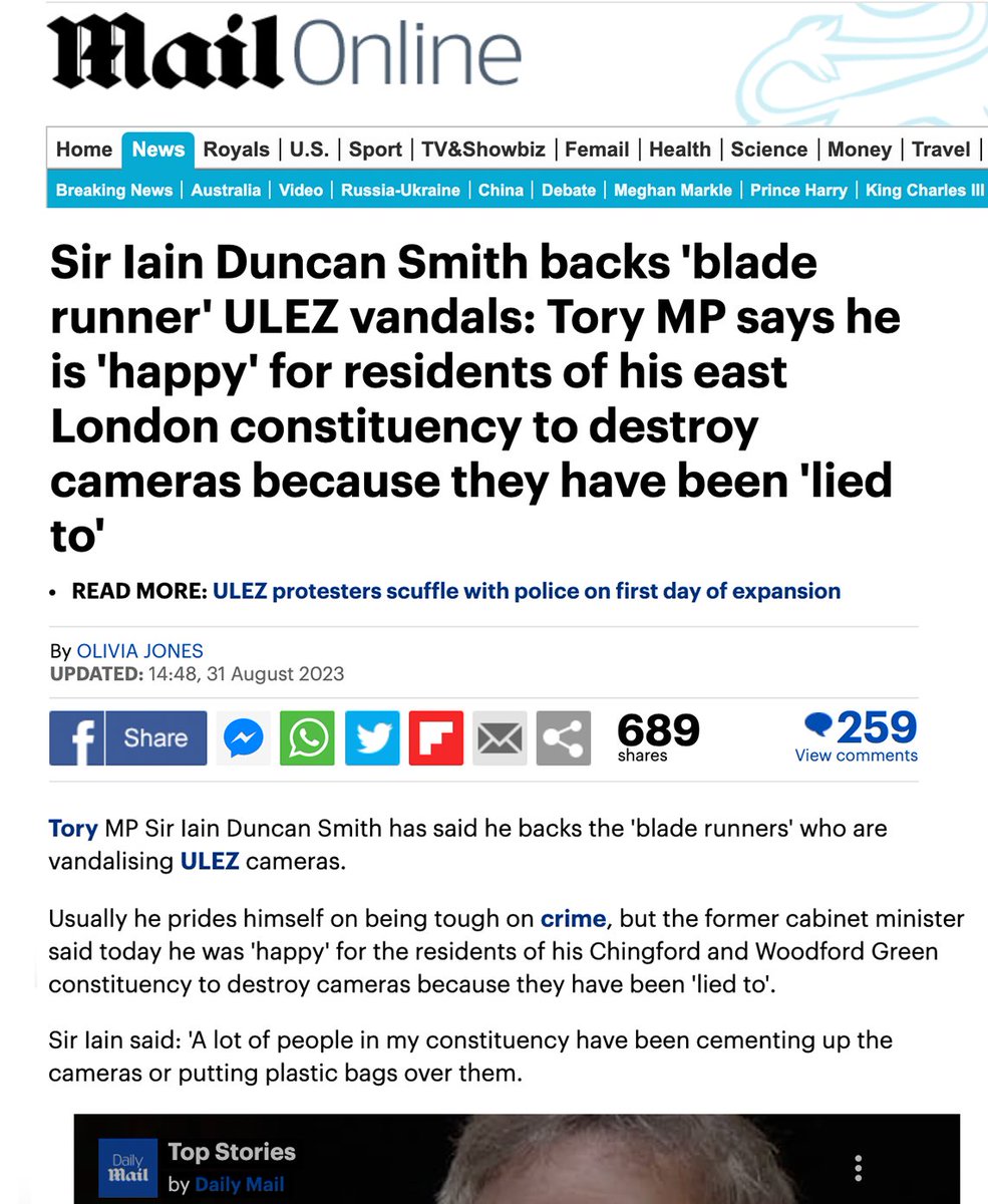 DaleVince's tweet photo. I see Iain Duncan Smith is banging on in the Daily Mail, loved this quote:

“…they are facing an imposition that no-one wants and they have been lied to about it.”

As one of the cheerleaders in Chief for the disaster imposed upon us through an avalanche of lies, denial and right wing media bias - I’m referring to Brexit - it’s more than a little ironic.

Clean air is a right @MPIainDS, not a privilege and the ULEZ is an entirely proportionate step to restoring that. Car pollution kills 4k people in London every year and 40k in the country - these are government stats.

Oh and there’s this gem of a quote too… given the Tories attitude to climate protesters, like Just Stop Oil….

“The actions you are seeing show how angry people are at what is being imposed on them…”

Quite right, drilling in the North Sea will kill people, the science behind that is clear - but it’s being forced upon us by a government with no mandate led by a PM with no clue.

@RishiSunak @ZacGoldsmith