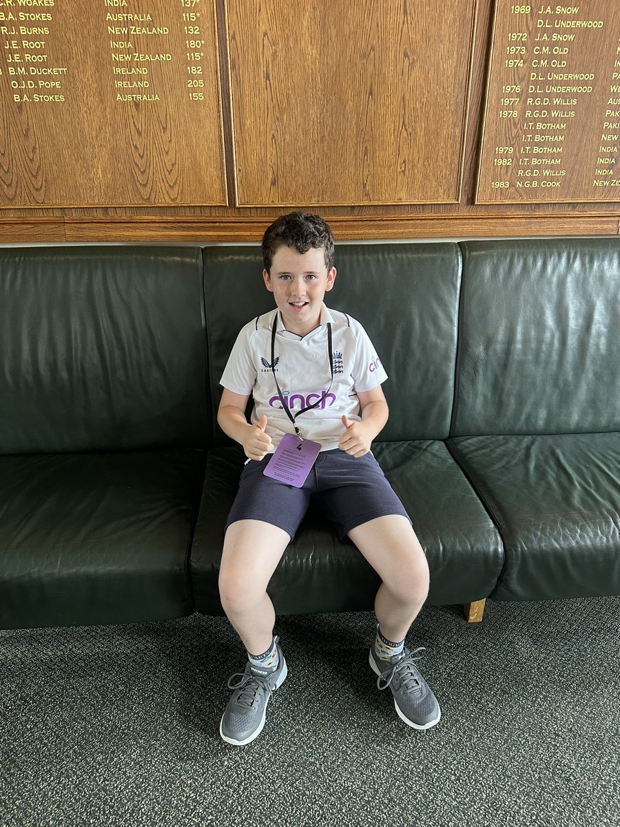One happy young man has sat in the infamous seats of <a href="/root66/">Joe Root</a> <a href="/StuartBroad8/">Stuart Broad</a> he’s absolutely landed!! #futureEnglandcricketer #fastbowler #followinginthefootsteps