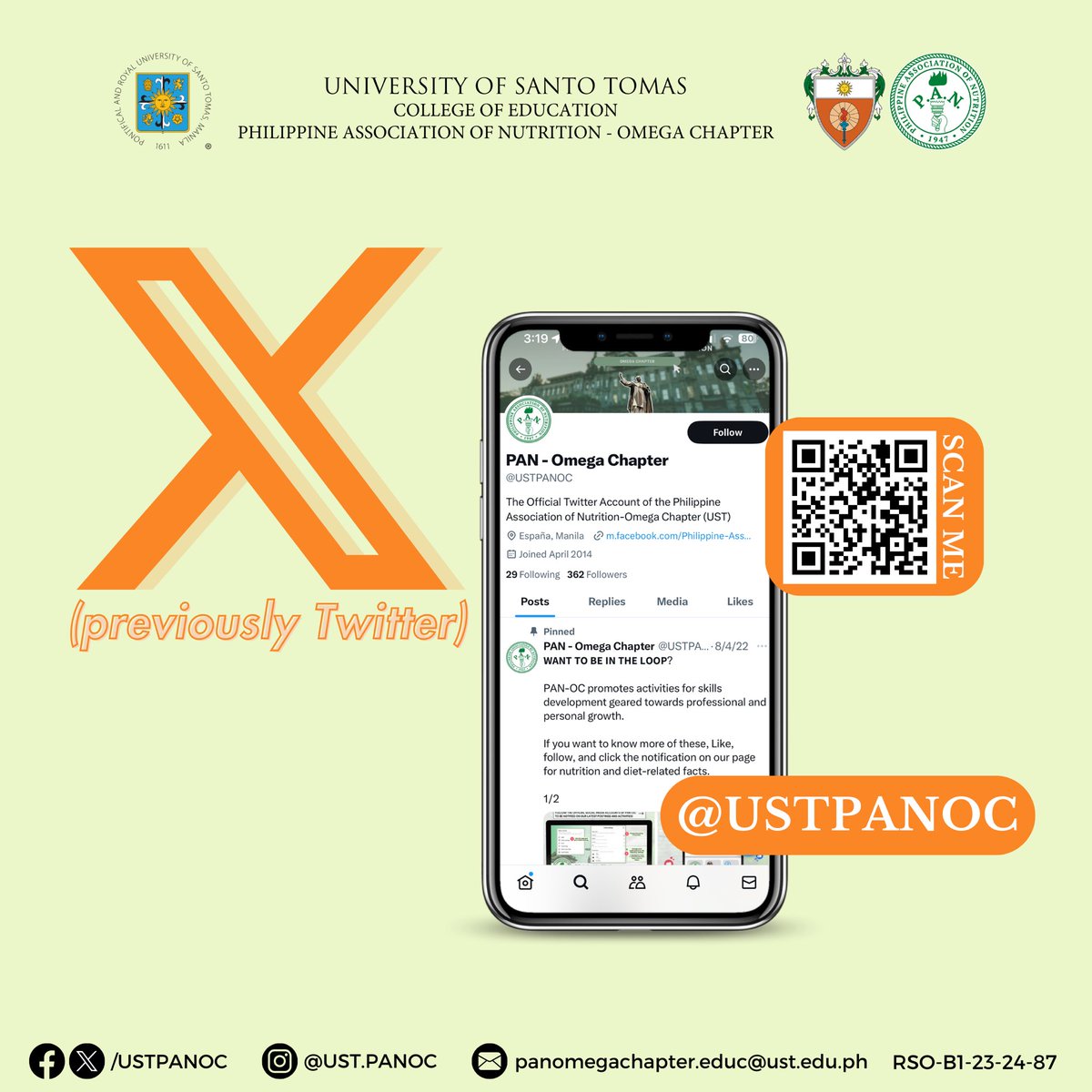 USTPANOC's tweet photo. PAN-OC presents to you its different Social Media to help you not miss the latest posts, updates, stories, and information about nutrition and diet.

#PANOC2324
#aPANmilyThatCares

🖼️: Audrey Nicole Danao
📇: Jake Randel Nifas https://t.co/0OmjDM6nCe