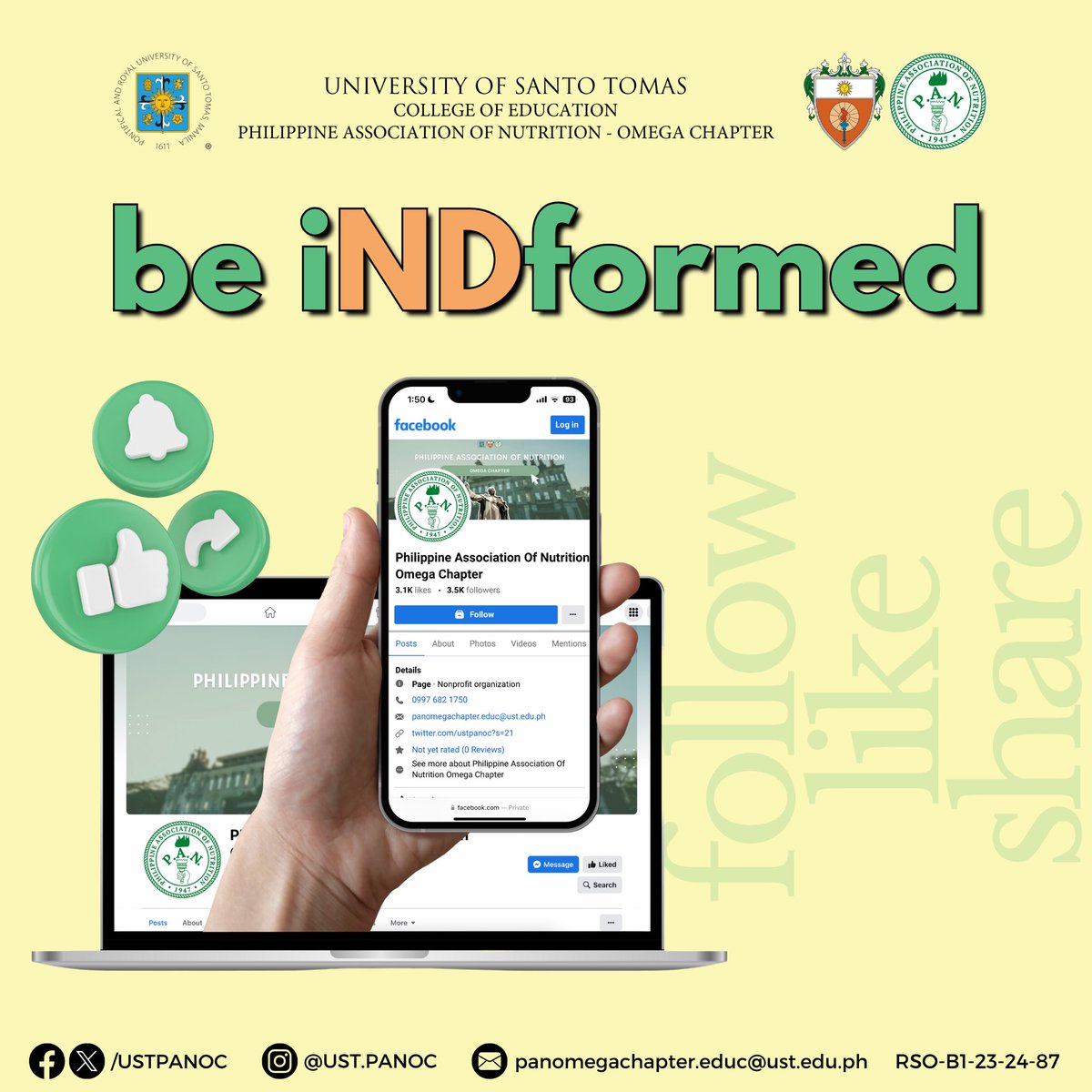 USTPANOC's tweet photo. PAN-OC presents to you its different Social Media to help you not miss the latest posts, updates, stories, and information about nutrition and diet.

#PANOC2324
#aPANmilyThatCares

🖼️: Audrey Nicole Danao
📇: Jake Randel Nifas https://t.co/0OmjDM6nCe