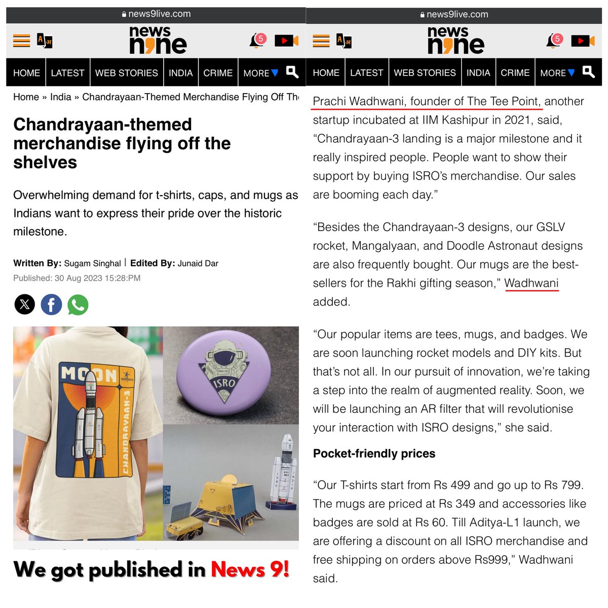 We got published in News9 ‘s article on Official ISRO Merchandisers. 🚀 Read the article here: news9live.com/india/chandray… @News9Tweets @isro