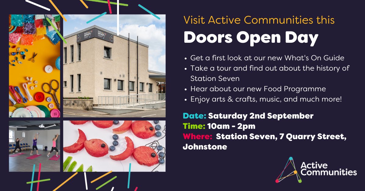 ACommunities's tweet photo. We can't wait to welcome you to Station Seven tomorrow for #DoorsOpenDay! 🎉
Pop along from 10am – 2pm on Sat 2nd September and join in the fun!  

Find out more: https://t.co/p6K7GSui2R

#DODScot #Renfrewshire #Johnstone https://t.co/d8Adc6BT5Q
