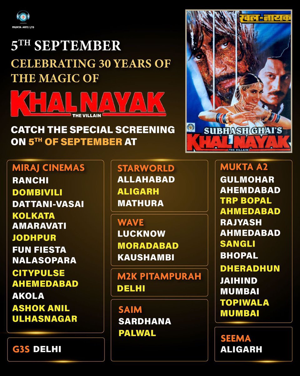MuktaA2Cinemas's tweet photo. Kickstarting #September2023 on a high note, we bring to you the classic cult film of all times  #Khalnayak at cinemas near you across India on the 5th September 2023. 

#muktaa2cinemas #wheremoviescometolife @subhashghai1 https://t.co/jvx5ZTwOFT