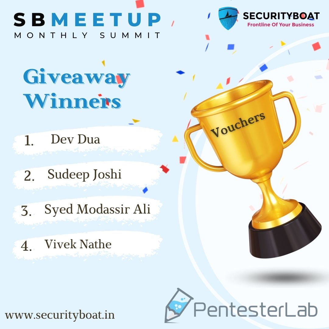 Securityb0at's tweet photo. 🎉 Congratulations to our Quiz Giveaway Winners! 🏆

In two intense quiz sessions, these cybersecurity enthusiasts showcased their expertise and came out on top:

1️⃣ @dev0x01 
2️⃣ @Sudeepj_24 
3️⃣ @gr33nm0nk2802 
4️⃣ @nv_1337 

Enjoy your one-month PentesterLab vouchers and keep up the great work! 🚀💻

Stay tuned for more exciting events and opportunities at SecurityBoat. Explore our events here: https://t.co/pNcV4rUvKq  and our Linktree for more:https://t.co/aRZ7saTVQj . 🌐🔐 #SBMeetup #Cybersecurity #QuizWinners