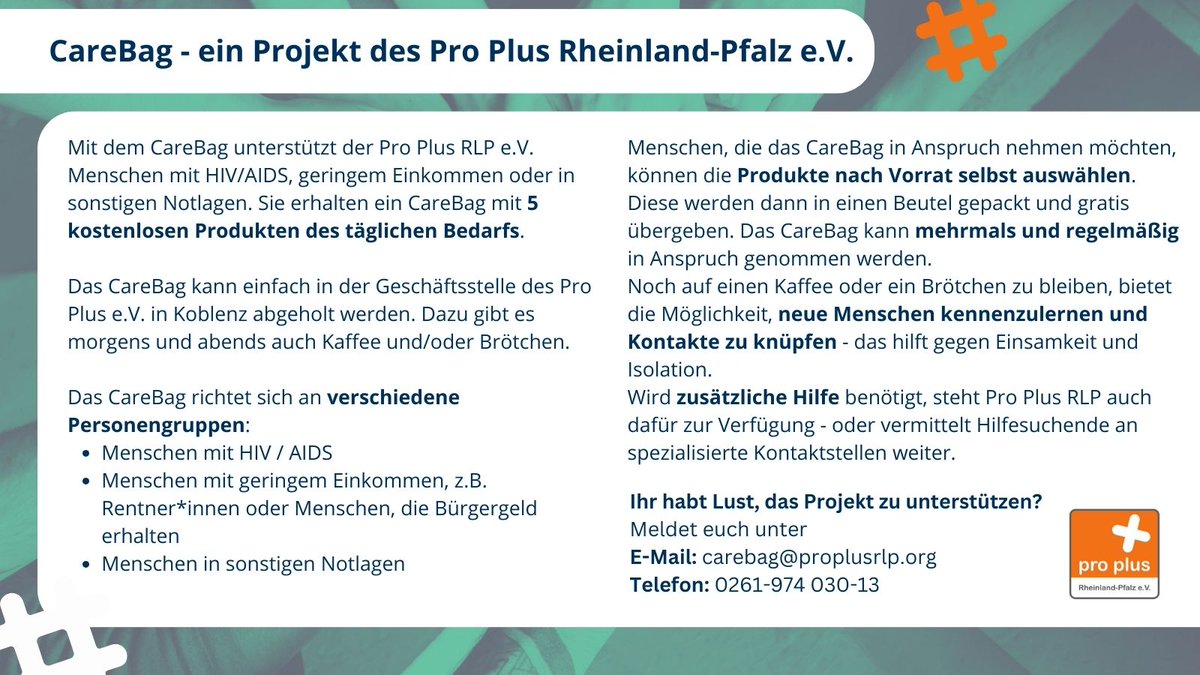 RLPSelbsthilfe's tweet photo. Wichtiges Projekt: Mit dem kostenlosen CareBag unterstützt der Pro Plus Rheinland-Pfalz e.V. Menschen mit HIV/AIDS,  geringem Einkommen oder in sonstigen Notlagen. Das Päckchen enthält 5 Produkte des täglichen Bedarfs. Zusätzlich lädt das Projekt zum Austausch &amp; Kennenlernen ein! https://t.co/WpeerOxqYA