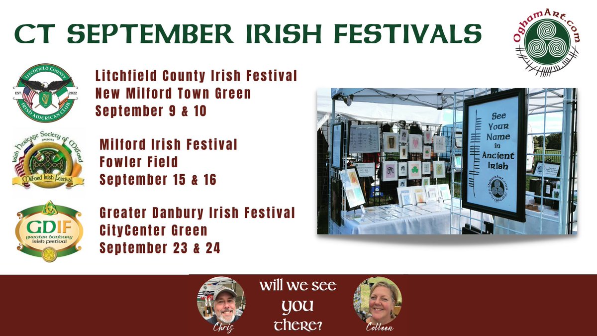 OghamArt's tweet photo. Hope to see our CT and NY friends at our Irish festivals this month: Litchfield County Irish Festival Sept 9 &amp; 10; @IrishMilford Festival Sept 15 &amp; 16; and @GDIF_IrishFest Sept 23 &amp; 24. Come give a hello! 💚 #ogham #irishfest #irishfestival #ctirish @IrishBusinessNY https://t.co/cssWarQG8c