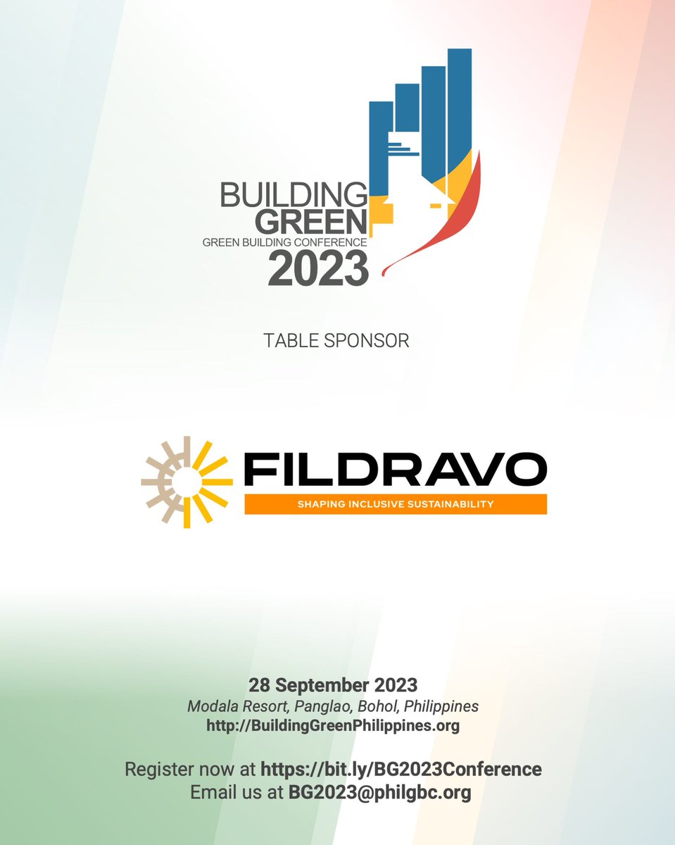 Thank you, Filipinas Dravo Corporation for supporting BG2023, the annual green building conference of the Philippine Green Building Council (PHILGBC), happening on the 28th of September 2023 at the Modala Resort, Bohol.
Be there.
BuildingGreenPhilippines.org.