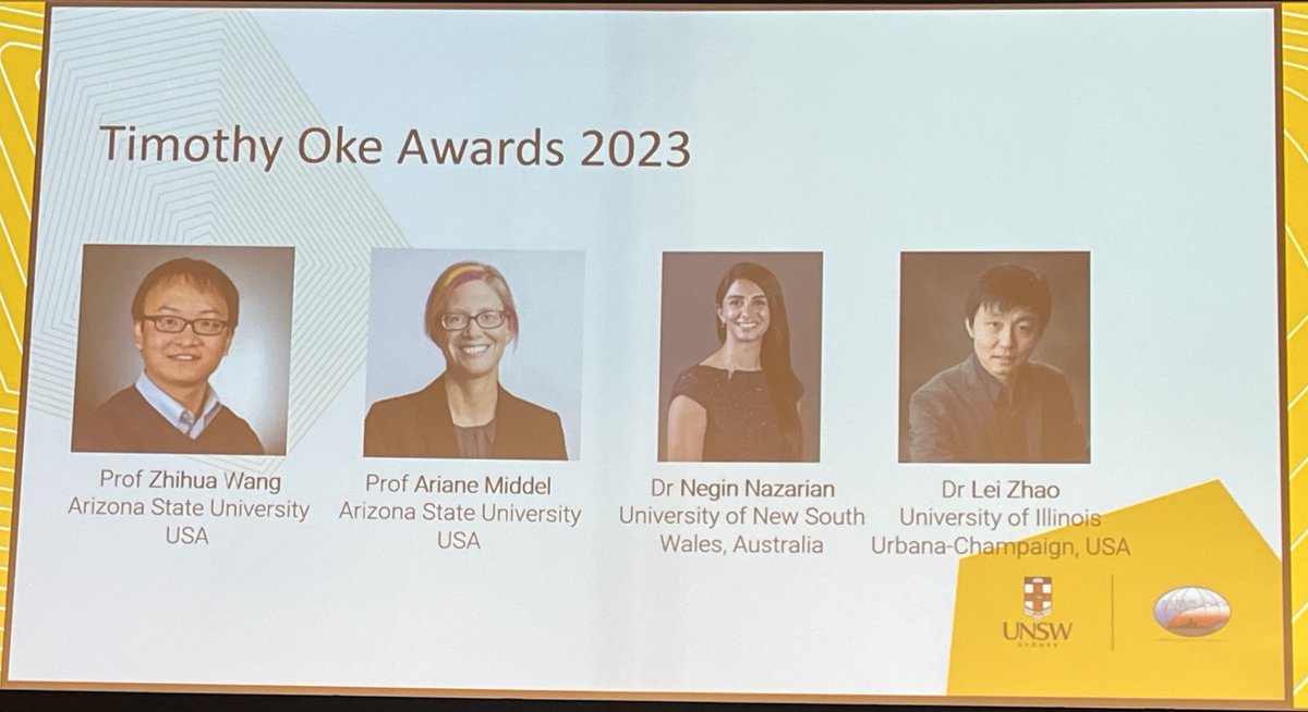 Urban Climate Research Center (@asurbanclimate) on Twitter photo Congratulations to all the 2023 Timothy Oke Awardees, including <a href="/NeginNazarian/">Negin Nazarian</a>, Lei Zhao, ASU's Zhihua Wang and <a href="/ASUrbanClimate/">Urban Climate Research Center</a>'s <a href="/ArianeMiddel/">Ariane Middel</a>.
Great recognition for 4 wonderful scientists with tremendous futures. Congratulations to all the 2023 Timothy Oke Awardees, including <a href="/NeginNazarian/">Negin Nazarian</a>, Lei Zhao, ASU's Zhihua Wang and <a href="/ASUrbanClimate/">Urban Climate Research Center</a>'s <a href="/ArianeMiddel/">Ariane Middel</a>.
Great recognition for 4 wonderful scientists with tremendous futures.