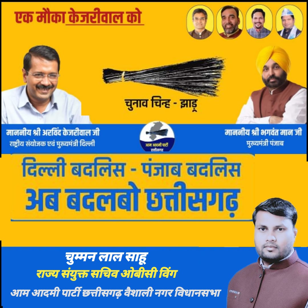 दिल्ली बदलिस,पंजाब बदलिस अब बदलबो छत्तीसगढ़।
बदल के रहिबो छत्तीसगढ़ ।
निकलो घर-दुकानों से जंग  लड़ो बईमानों से।               
               आपका 
     चुम्मन लाल साहू<a href="/ArvindKejriwal/">Arvind Kejriwal</a>  <a href="/BhagwantMann/">Bhagwant Mann</a>
<a href="/DrSandeepPathak/">Dr. Sandeep Pathak</a> <a href="/AapKaGopalRai/">Gopal Rai</a>
 <a href="/Sanjeev_aap/">Sanjeev Jha</a> 
<a href="/KomalHupendi1/">𝐊𝐨𝐦𝐚𝐥 𝐇𝐮𝐩𝐞𝐧𝐝𝐢</a> <a href="/GopalSahuAAP/">Gopal Sahu</a>