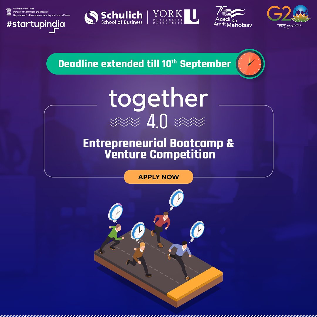 startupindia's tweet photo. Together 4.0 deadline extended till 10th September!

The journey starts here: https://t.co/HpNHl7E9EE 

@SchulichSchool | @IndiainToronto | @_HostelFund | @TangentiaV | @TiEToronto | @YSpaceYU 

#Together #StartupIndia #IndianEntrepreneurs #Startups #Business https://t.co/6ayYvqgy5L