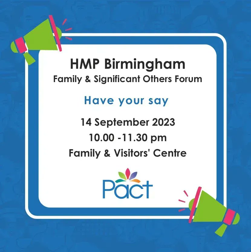 Share your thoughts on the delivery and evolution of family services at <a href="/hmpbirmingham/">HMP Birmingham</a>. Join us at the Visitors' Centre on 14 September at 10 am.

#PrisonersFamilies 
#Prisoners