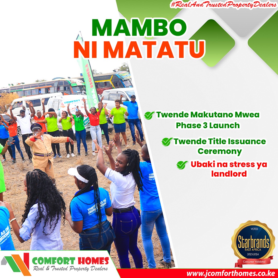 mburus314's tweet photo. *Mambo Ni Matatu!*

Uko na three options pekee.
1. Twende open day ya Makutano Mwea Phase 3
2. Twende title deed issuance ceremony
3. Ubaki na stress ya Landlord
Choose wisely 🤓.

#ComfortHomes
#MakutanoMweaPhase3Launch
#TitleNaComfortHomes
#MamboNiMatatu https://t.co/NB4h4RPGtQ