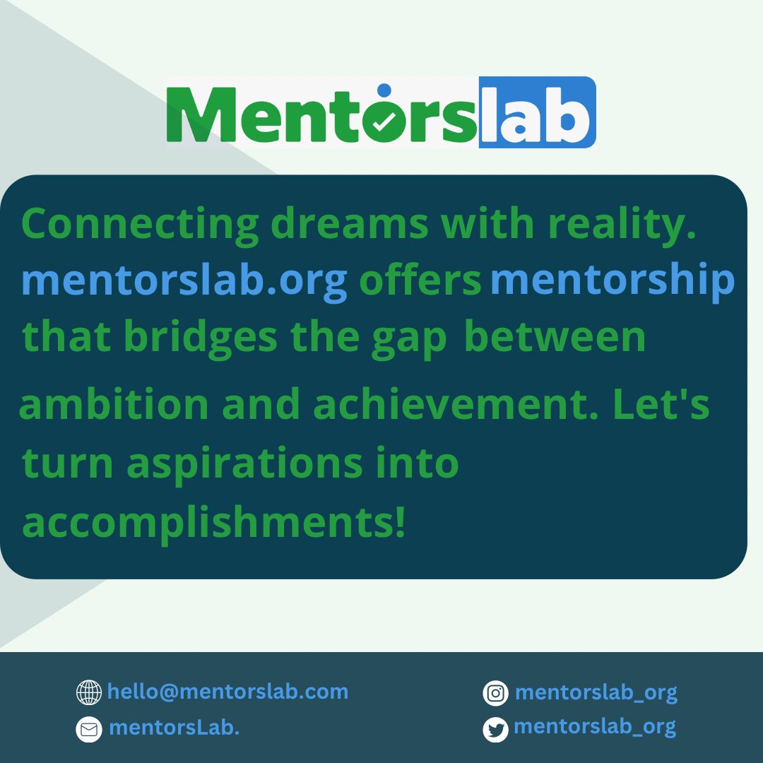 Mentorslab_org's tweet photo. Connecting dreams with reality. https://t.co/Sxl4lSvm55 offers mentorship that bridges the gap between ambition and achievement. Let's turn aspirations into accomplishments! 

#DreamsToReality
#mentorship 
#mentorslab 
#mentorslab.org https://t.co/tCi2Epb2w0