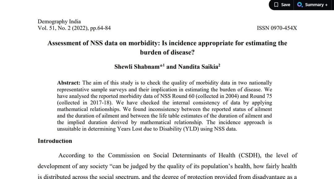 Shewli Shabnam and <a href="/nanditajnu/">Prof Nandita Saikia</a> checked the quality of NSSO data, found inconsistency between the reported status of ailment and the duration of ailment and between the life table estimates of the duration of ailment.

iasp.ac.in/uploads/journa…
