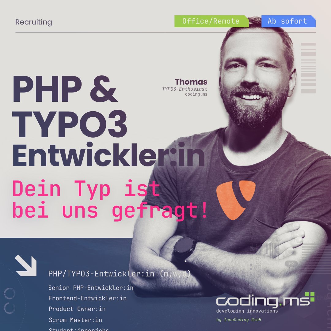 codingms's tweet image. 🔍 PHP/TYPO3 Dev wanted at coding.ms! 📷 Join us in Münster, hybrid or remote. You have already made one or the other TYPO3 update or tried yourself in various extensions? Apply now: coding.ms/de/job/php-typ…
#codingms #php #typo3 #ITJobs #DeveloperJobs #typo3jobs