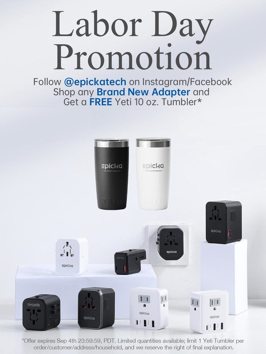 Epickatech's tweet image. Unlock a FREE Yeti 10 oz. Tumbler on Labor Day! 🤩  Shop any brand-new Epicka adapter, and get a FREE Yeti 10 oz. Tumbler! Check on Epicka website: epickatech.com  🥳
 #epicka #epickaadapter #labourdaypromotion #labourdaysale #traveladapter #universaltraveladpter