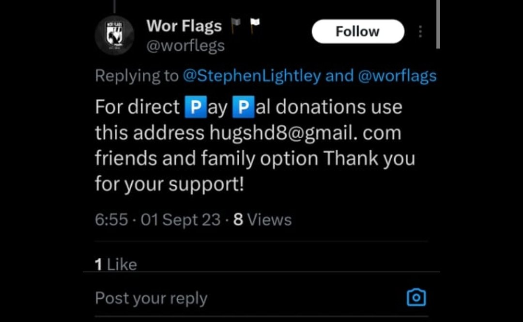 Wor Flags 🏴🏳 (@worflags) on Twitter photo Do us a favour and report this scammers fake account <a href="/worflegs/">Wor Flags 🏴🏳</a> pretending to be us please, so it's taken down quickly.
THIS IS OUR ONLY ACCOUNT, DONATE THROUGH OUR OFFICIAL WEBSITE, NOT RANDOM PAYPALS! Do us a favour and report this scammers fake account <a href="/worflegs/">Wor Flags 🏴🏳</a> pretending to be us please, so it's taken down quickly.
THIS IS OUR ONLY ACCOUNT, DONATE THROUGH OUR OFFICIAL WEBSITE, NOT RANDOM PAYPALS!