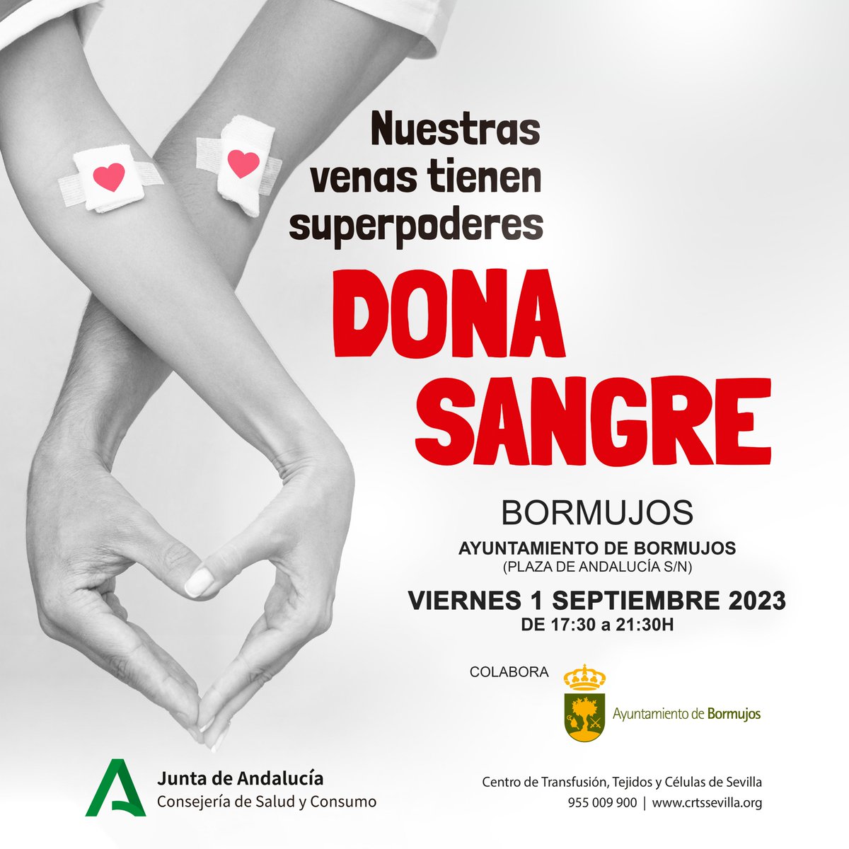 ‼️RECUERDA💉#DonaSangre #DonaVida
🗓️#HOY VIERNES 1 SEPTIEMBRE
 🩸¡Nueva jornada de donación de sangre en Bormujos!
-
✅En el Ayuntamiento de Bormujos (Plaza de Andalucía s/n) de 17:30 a 21:30h.
▶️Organizada por <a href="/donantessevilla/">CTS Sevilla</a>
#Bormujos #ParticipaciónCiudadana #Solidaridad
