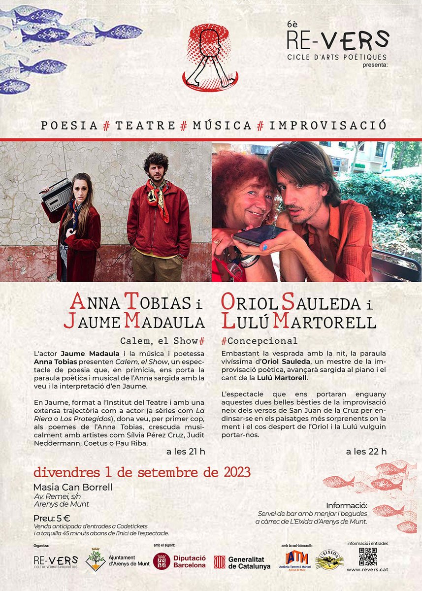 CicleReVers's tweet photo. Aquest vespre, primer programa doble al Re-vers!
21h. Anna Tobias + Jaume Madaula
22h. Oriol Sauleda + Lulú Martorell.

Amb servei de bar!

Informació i entrades a:
https://t.co/4tNM4Ioolh

#maresme #arenysdemunt #poesia #música #concert #recital #impro #concepcional https://t.co/xtP17c3Ag0