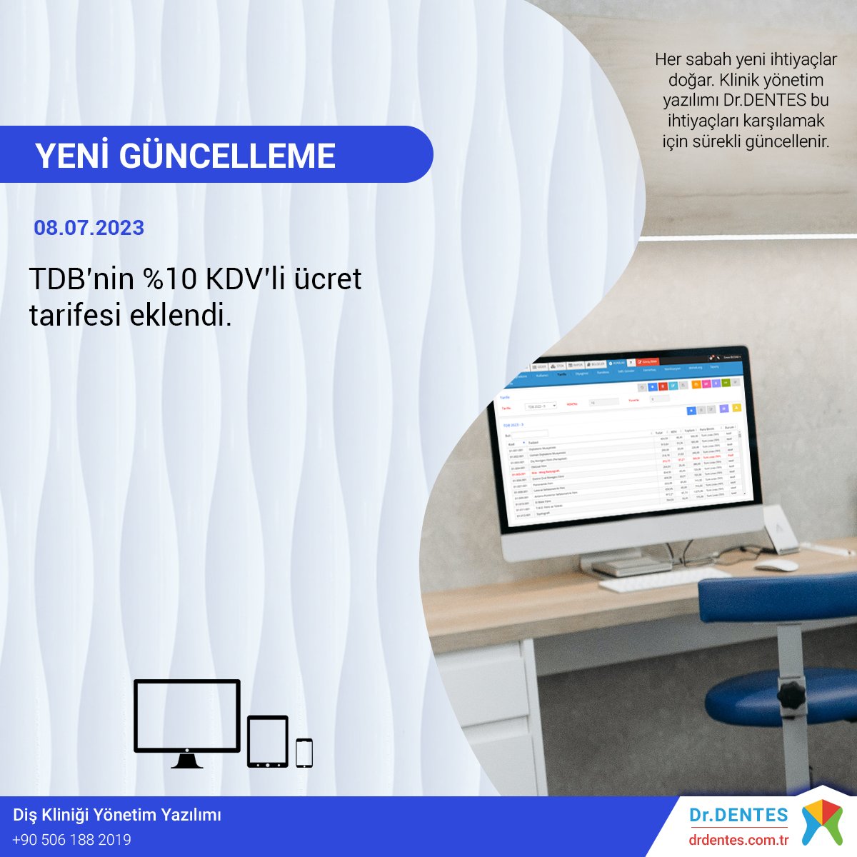 %10 KDV'li TDB 2023 (10.07.2023-31.12.2023 tarihleri arası) tarifesi 08.07.2023'te yüklendi.

#türkdişhekimleribirliği #dişhekimi