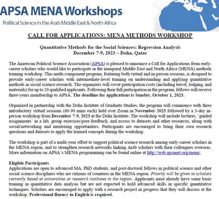 AbdelkarimAmen1's tweet photo. With my colleagues @AmmarShamaileh  from @dohainstitute  and Sarah Mansour from Cairo University, we will co-led a workshop on Regression Analysis for early-carreer scholars in the region organized by @APSAMENA here in Doha from 7 to 9 December, 2023. Please share the call... https://t.co/EdtNaQUg8i