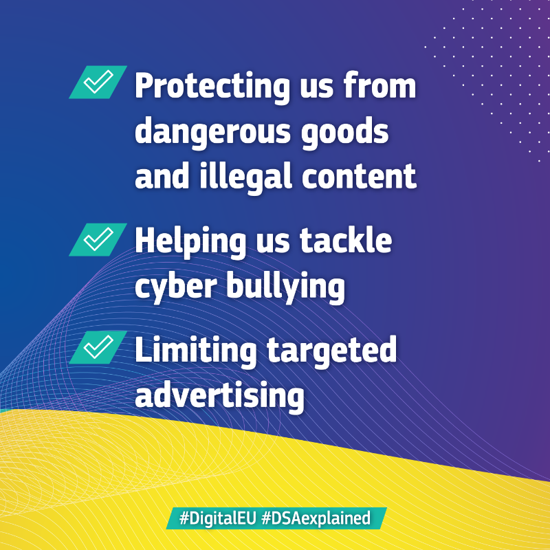 DigitalEU's tweet photo. 🌐 Everyone has the right to feel safe online.

The #DigitalServicesAct will make sure the online environment is a more secure, transparent, and fairer place for you &amp; all Europeans.

But how? Take a look at the #DSAexplained ↓