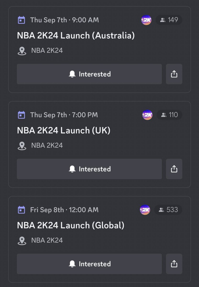 JABridgeforth's tweet photo. NBA 2K24 release dates and times.

Australia:
- Sept 7th at 9:00AM EST
   or Sept 7th at 6:00AM PST

UK:
- Sept 7th at 7:00PM EST
   or Sept 7th at 4:00PM PST

Global (including USA):
- Sept 8th at 12:00AM EST
   or Sept 7th at 9:00PM PST

#NBA2K24

(via NBA 2K/Discord) https://t.co/cSirxoHege