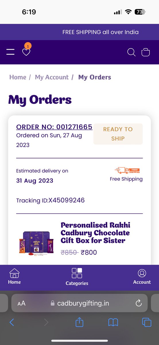 aadamay22's tweet photo. @Cadbury_gifting 
Where is my order
I ordered on 27 and supposed to deliver on 31st 
Its 1st now
Still showing ready to ship
What the hell is this
You are not even responding to emails
Order id is 001271665

Revert me asap https://t.co/XTGTEwMNJQ