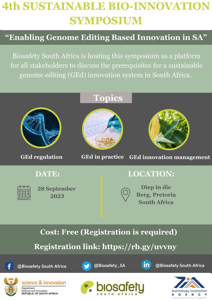 We're excited to bring you the 4th Sustainable Bio-Innovation Symposium to be held in person, on 28 September 2023 in Pretoria. Cost: Free (Registration is required) Registration link: rb.gy/uvvny #biotechnolgy #sustainability #innovation #genomeediting #CRISPR