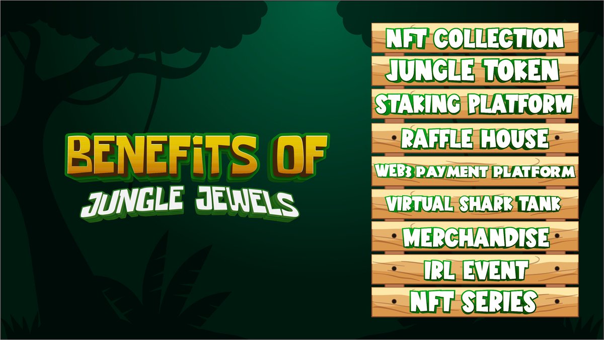 📢 Benefits of holding Jungle Jewels #NFT! 🌴 

EXCLUSIVE PERKS:

🌟 NFT Collection
🪙 Jungle Token
💎 Staking Platform
🏰 Raffle House
🕸️ Web3 Payment platform
🐳 Virtual shark tank
👕 Jungle Wear Merchandise
🌍 In-Real-Life Event
🍞 Exclusive Jungle NFT series

Join us in this