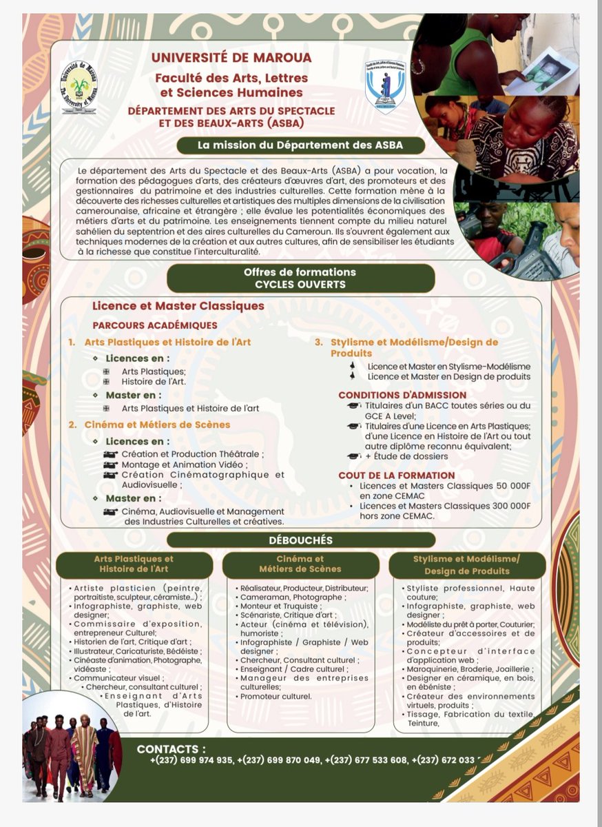 univMaroua's tweet photo. Retrouvez les #offres de formation du #Département des Arts du Spectacle et des Beaux-Arts de la #FALSH
#UMa https://t.co/clKAmdKRJL