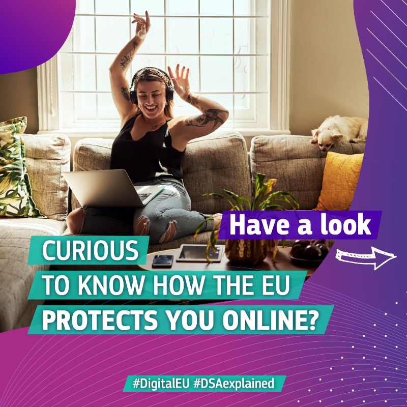 DigitalEU's tweet photo. 🌐 Everyone has the right to feel safe online.

The #DigitalServicesAct will make sure the online environment is a more secure, transparent, and fairer place for you &amp; all Europeans.

But how? Take a look at the #DSAexplained ↓