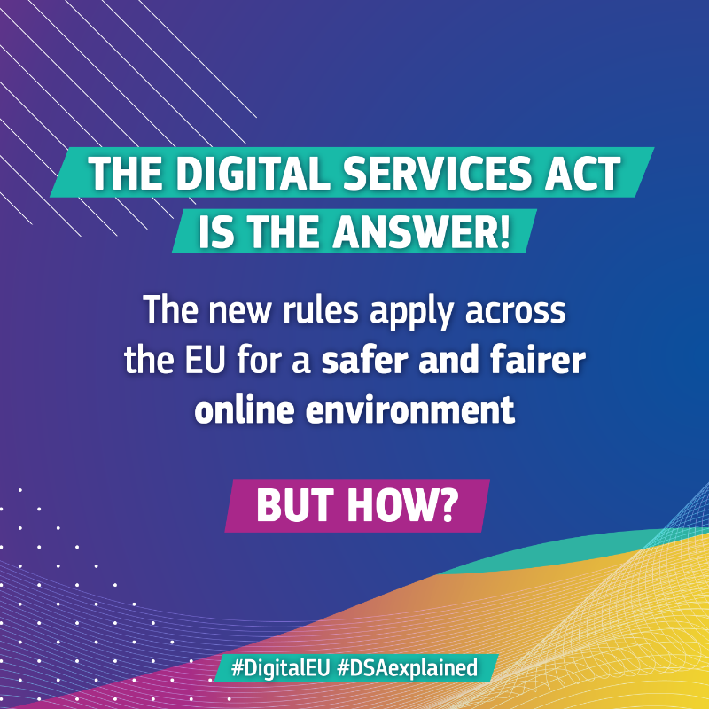 DigitalEU's tweet photo. 🌐 Everyone has the right to feel safe online.

The #DigitalServicesAct will make sure the online environment is a more secure, transparent, and fairer place for you &amp; all Europeans.

But how? Take a look at the #DSAexplained ↓