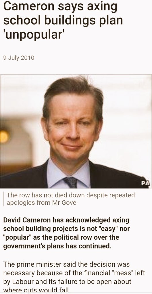 When the Tories came to power in 2010 they scrapped some 700 school building projects and cancelled plans to renovate or rebuild some 250 others. 

Undoubtedly that has absolutely nothing to do with this current "crumbling school" crisis because nothing is ever their fault.