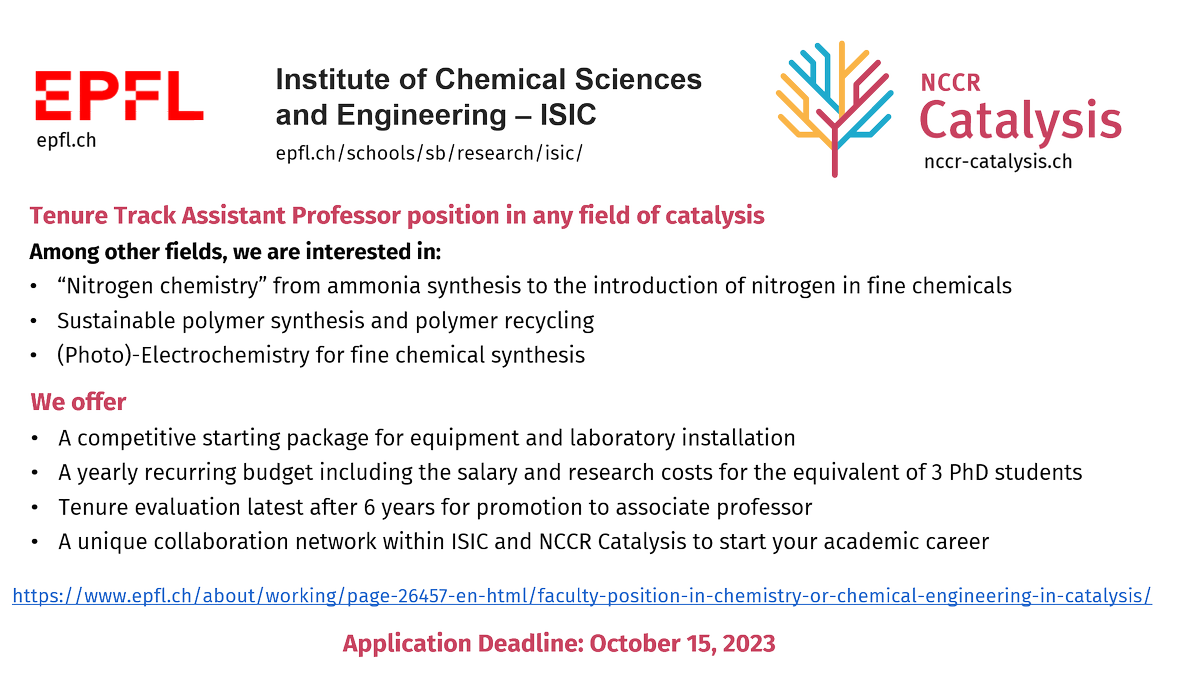 Waser Group (@lcsolab) on Twitter photo If you want to start your independent career <a href="/EPFL_CHEM_Tweet/">EPFL Chemistry</a> and <a href="/NCCR_Catalysis/">NCCR Catalysis</a> as an assistant professor, the deadline for application is approaching! (October 15)
epfl.ch/about/working/… If you want to start your independent career <a href="/EPFL_CHEM_Tweet/">EPFL Chemistry</a> and <a href="/NCCR_Catalysis/">NCCR Catalysis</a> as an assistant professor, the deadline for application is approaching! (October 15)
epfl.ch/about/working/…