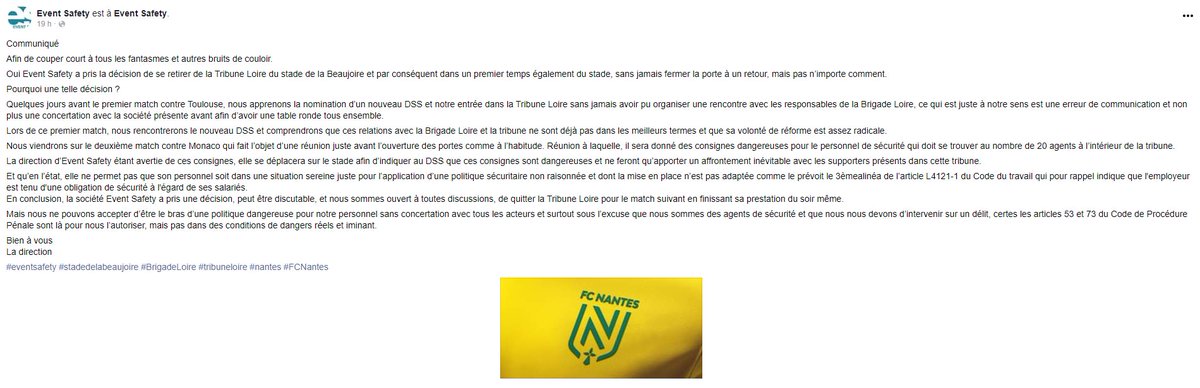 Pierre_B_y's tweet photo. La boîte de sécurité privée qui fournit les stadiers à La Beaujoire annonce renoncer à travailler pour le FC Nantes en raison des méthodes du nouveau DSS. https://t.co/JbimVUf1L7