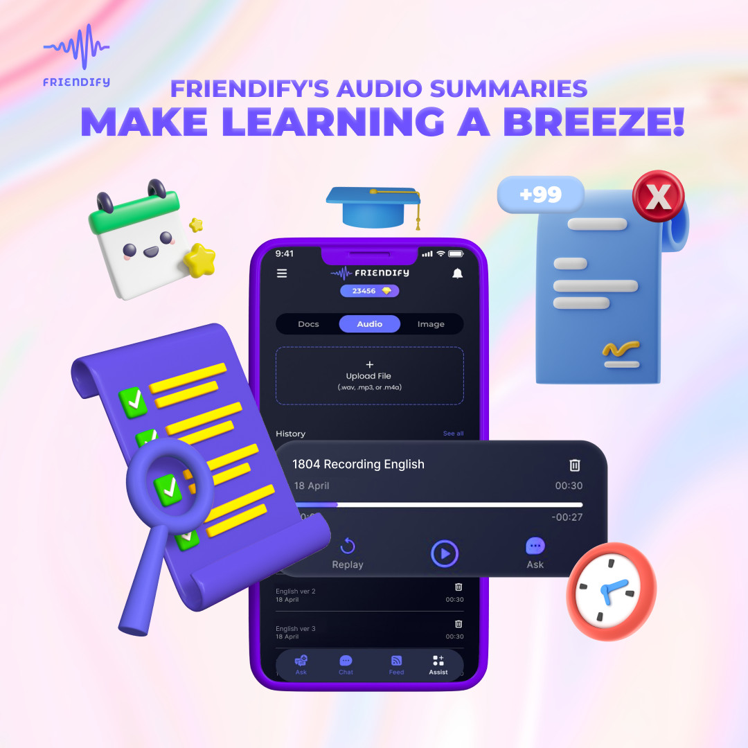 📝 Tired of lengthy online lectures? Exciting news!
Introducing Friendify's Audio Summary feature! 🎧 
Experience the joy of stress-free learning. Let's make knowledge accessible and enjoyable! 🤝💙
#FRIENDIFY #AudioSummary #OnlineLecturers #LearningMadeEasy #Productivity